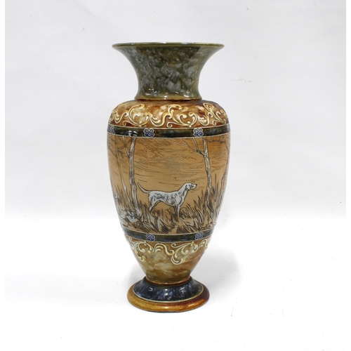 325 - HANNAH BARLOW  (1851-1916) for Doulton Lambeth, sgraffito decorated  vase, with a hunting dog scene,... 