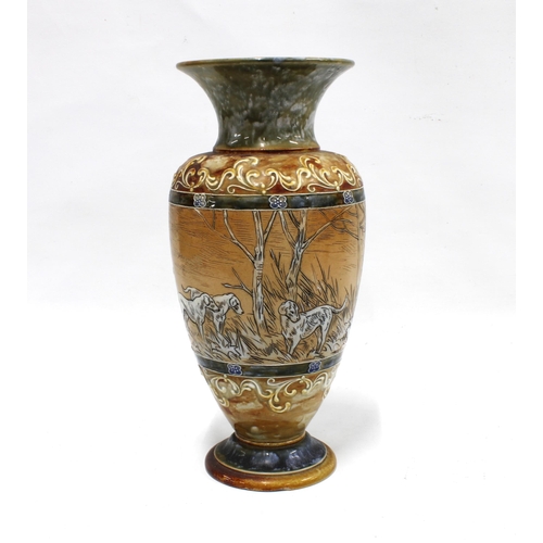 325 - HANNAH BARLOW  (1851-1916) for Doulton Lambeth, sgraffito decorated  vase, with a hunting dog scene,... 