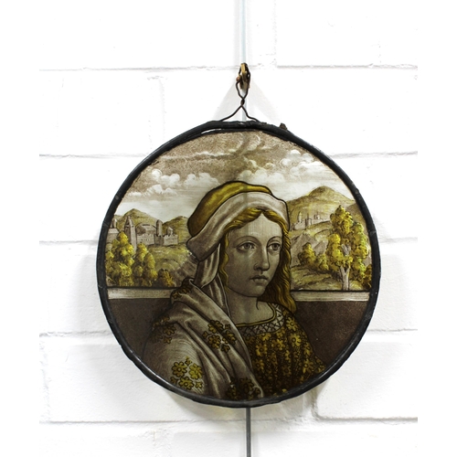 329 - Circular painted glass panel, 23cm