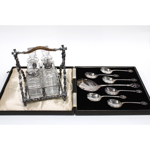 34 - Victorian Epns and glass condiment set and a cased set of Epns spoons (2)