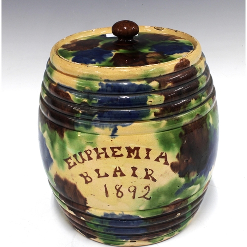 341 - Seaton Pottery large sponge glazed & lidded barrel with cover, inscribed Euphemia Blair 1892, 25cm