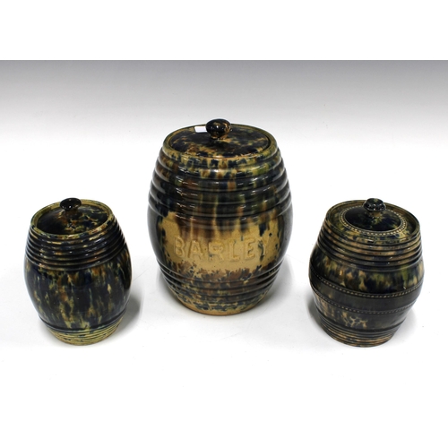 342 - Three  19th century Scottish pottery storage jars  and covers with splatter glazed decoration to inc... 