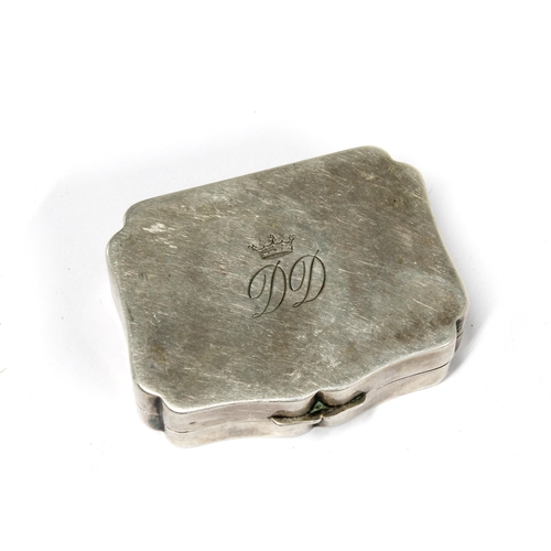 36 - Italian silver pill box by Massoni, the hinged lid with an engraved coronet motif and initialled DD,... 