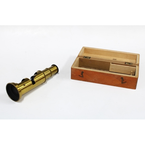 364 - Small brass microscope in box, 15cm