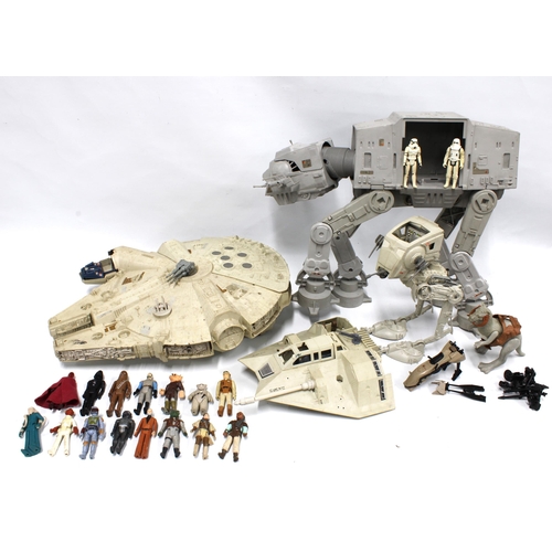 366 - Vintage Star Wars toys, including an AT-AT, 45cm, Millenium Falcon, snow speeder, and various figure... 