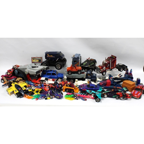 369 - Two boxes of vintage toy vehicles and accessories, including some Mask cars and figures