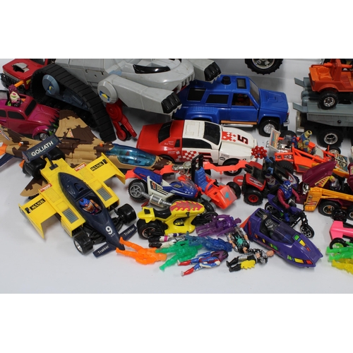 369 - Two boxes of vintage toy vehicles and accessories, including some Mask cars and figures