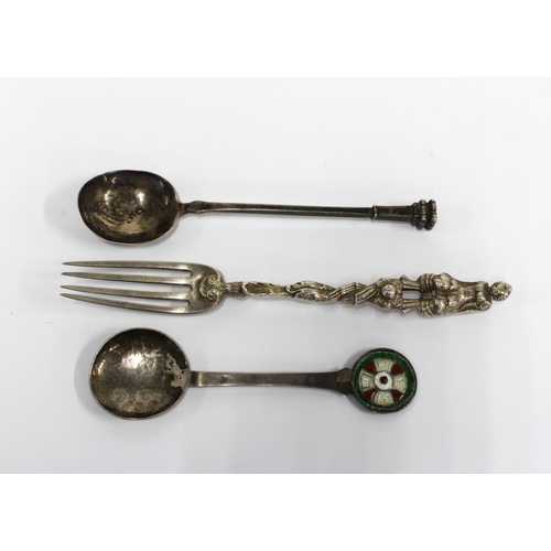 37 - Venetian white metal fork with figure terminal and two silver spoons, one with a Maltese cross disc ... 