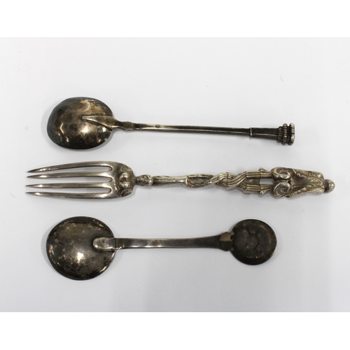 37 - Venetian white metal fork with figure terminal and two silver spoons, one with a Maltese cross disc ... 