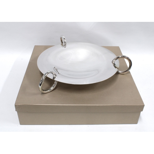 374 - Christofle of Paris Vertigo silver plated centrepiece with three handles, boxed, 35cm diameter