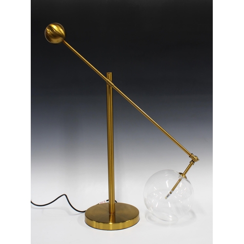 377 - Mid century style brass and glass globe table lamp, 56cm