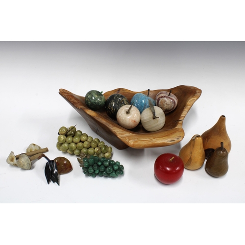 381 - Wooden bowl, 13 x 40c, with stone apples and grapes, wooden pears etc