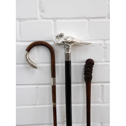 394 - Ebonised walking with with a white metal swan handle, 94cm, together with a burr handled stick and a... 