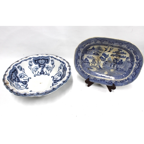 399 - Staffordshire Willow pattern serving dish and a Staffordshire blue and white wash bowl (2)