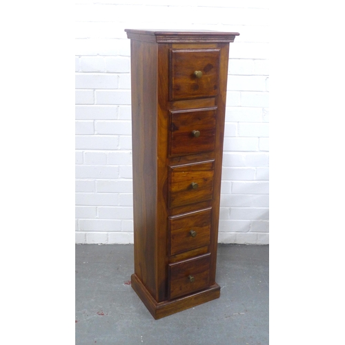 402 - Hardwood narrow cabinet with five small drawers, 33 x 111 x 26cm.