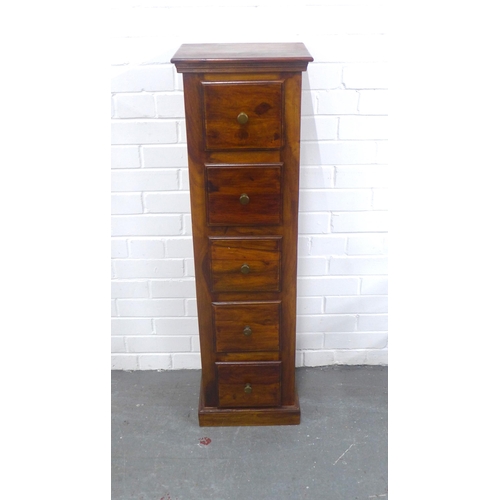 402 - Hardwood narrow cabinet with five small drawers, 33 x 111 x 26cm.