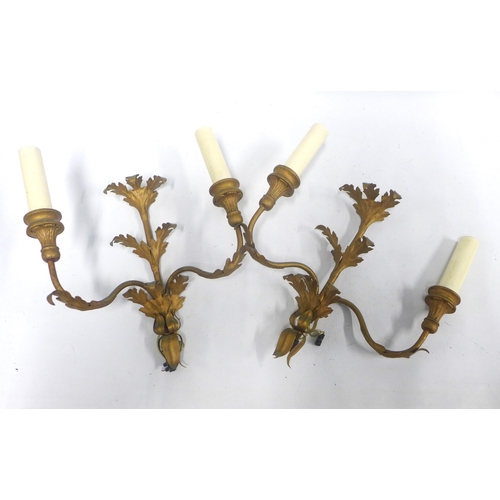 407 - Pair of Florentine style brass wall lights, (a/f). 28 x 30cm. (2)