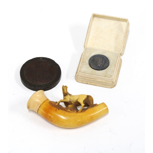 415 - Meerschaum cheroot, George III bronze coin and a Edward VII commemorative coin by Elkington (3)