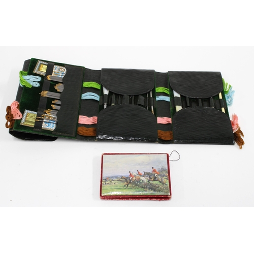 416 - Adam Bagshaw & Sons leather sewing kit and a small needle case with hunting scene (2)