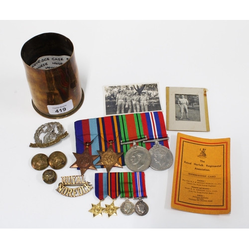 419 - WWII medal group of four together with accompanying miniature medals, A.E. Kimber Norfolk Regiment m... 