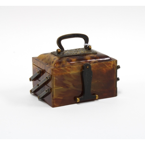 421 - Early 20th century tortoiseshell box with dragon panel and concertina action, 10cm wide