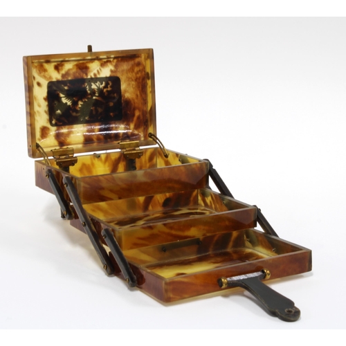 421 - Early 20th century tortoiseshell box with dragon panel and concertina action, 10cm wide