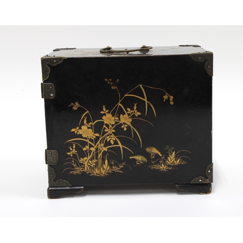 423 - Japanese Shibayama cabinet, black lacquered with gilt decoration, the door with Shibayama ivory pane... 