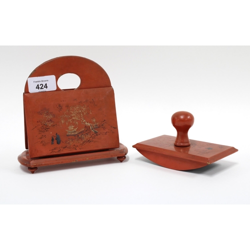 424 - Chinoiserie red lacquer blotter and letter rack (2)