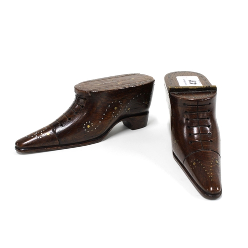 431 - Two novelty treen Shoe snuff boxes with studwork decoration, 16cm long (2)