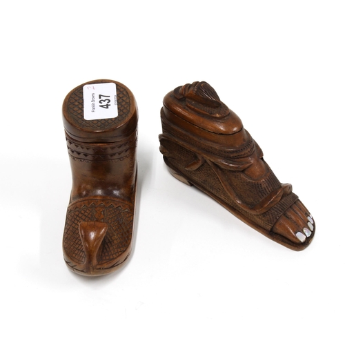 437 - Two treen shoe snuff boxes, one in the form of a foot in a roman sandal with mother of pearl toenail... 