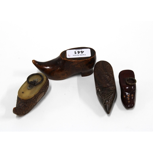 441 - Four novelty treen Shoe snuff boxes, longest 4cm (4)