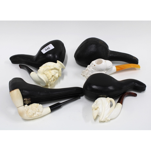 446 - Three Meerschaum pipes in hard cases (unused) and a Meerschaum cheroot holder in case (4)