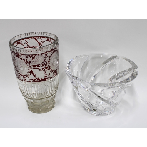 448 - A glass vase with ruby flashed glass panel, 24cm high, and a later cut glass Italian bowl (2)