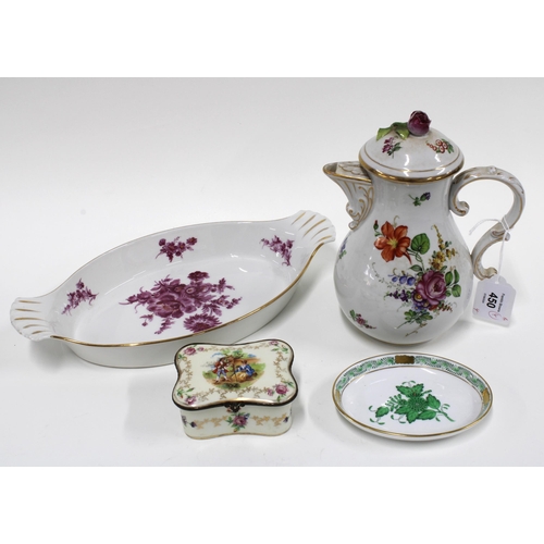 450 - Mixed porcelain to include a Herend green floral dish, Limoges trinket box and cover and  Limoges di... 