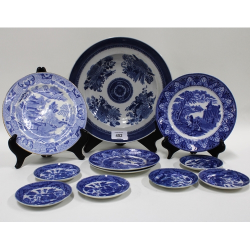 452 - Mixed blue and white wares to include a Chinese plate and a collection of nine Staffordshire Willow ... 