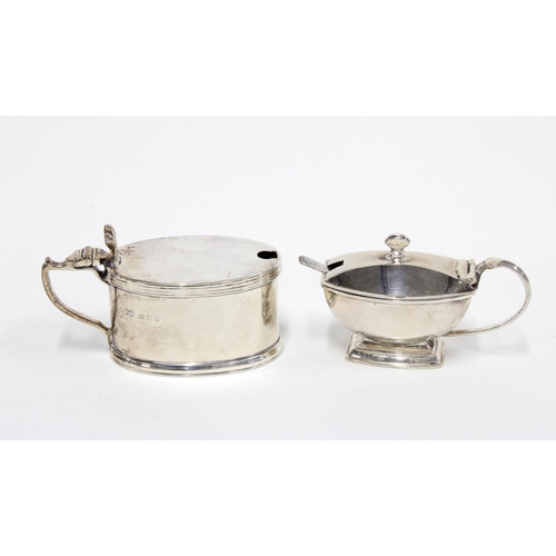 48 - George V silver mustard pot with blue glass liner, London 1934, a silver mustard without liner, Birm... 