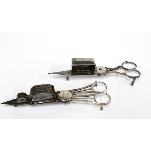 54 - A pair of Georgian silver and steel candle snuffer scissors, marked PATENT, together with another se... 