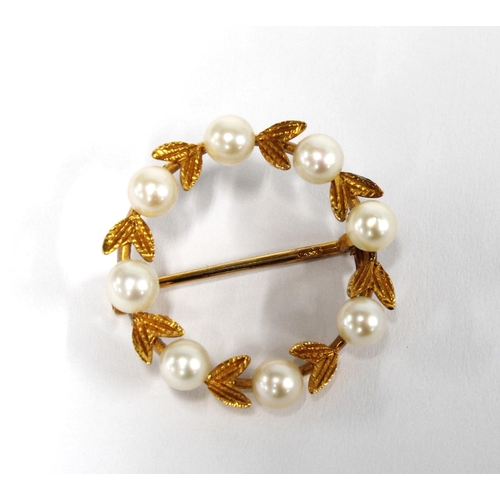 63 - 9ct gold pearl set brooch of circular open form, London 1963,