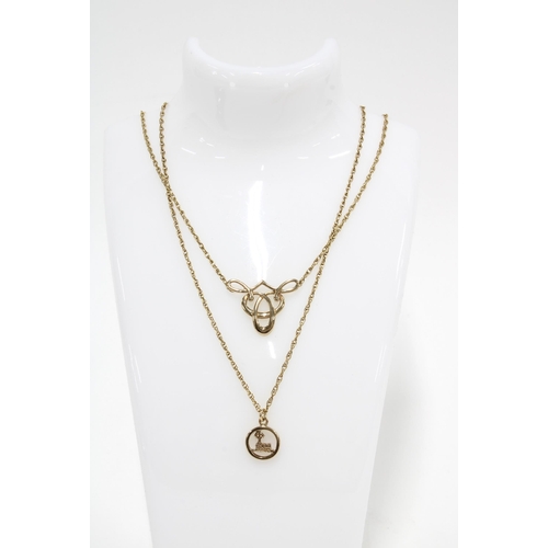 69 - 9ct gold celtic knot pendant necklace and a 9ct gold chain with yellow metal Mcdonald Crest pendant ... 