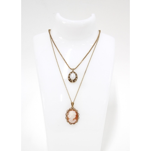 70 - 9ct gold framed Cameo on gilt metal chain necklace together with a 9ct gold pendant necklace on 9ct ... 