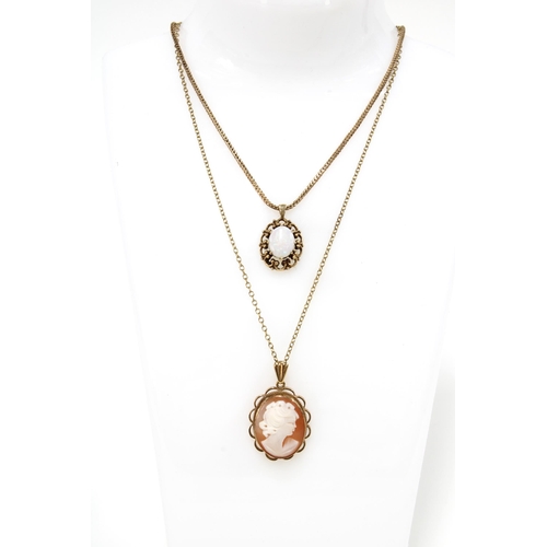 70 - 9ct gold framed Cameo on gilt metal chain necklace together with a 9ct gold pendant necklace on 9ct ... 