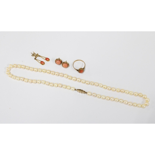 71 - 9ct gold coral dress ring with matching 9ct gold coral stud earrings and a pair of drop earrings and... 