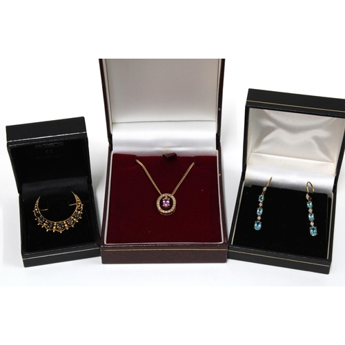 80 - 9ct gold crescent shaped brooch, a pair of 9ct gold gemset drop earrings and a 9ct gold pendant neck... 