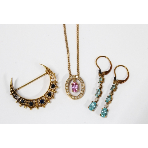 80 - 9ct gold crescent shaped brooch, a pair of 9ct gold gemset drop earrings and a 9ct gold pendant neck... 