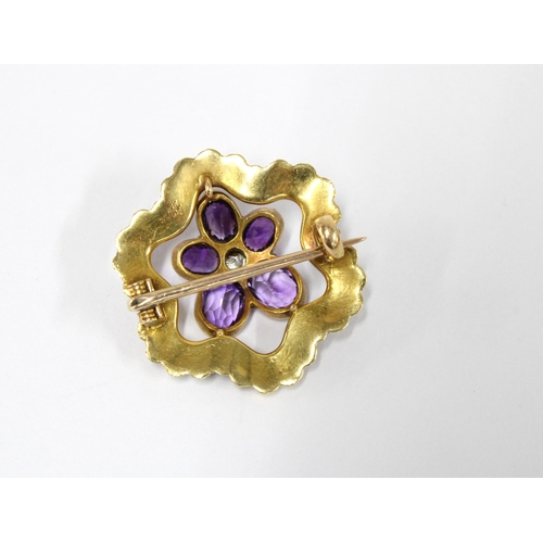 85 - Early 20th century 15ct gold brooch with seed pearls, amethysts and green enamel in the Women's Suff... 