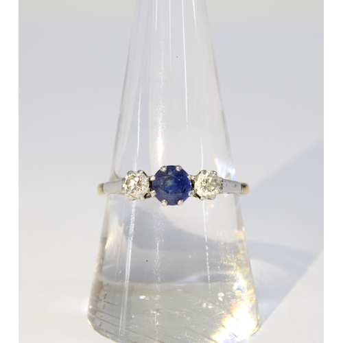 90 - A sapphire and diamond three stone ring set in a white metal setting and unmarked yellow metal, size... 