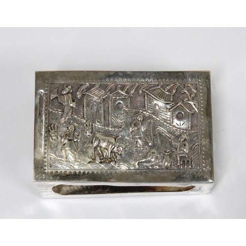 95 - Chinese Export silver matchbox cover with dragon and villagers pattern, 8cm long