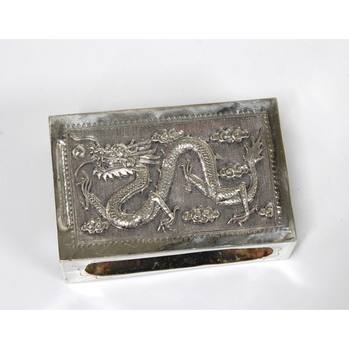 95 - Chinese Export silver matchbox cover with dragon and villagers pattern, 8cm long