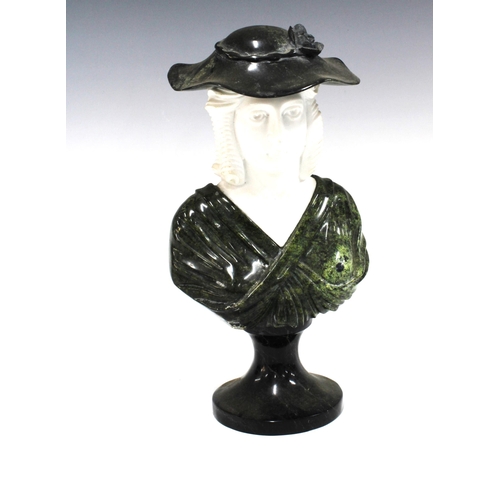 456 - Hardstone bust of a female figure in a hat, 28cm