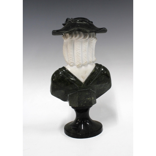 456 - Hardstone bust of a female figure in a hat, 28cm